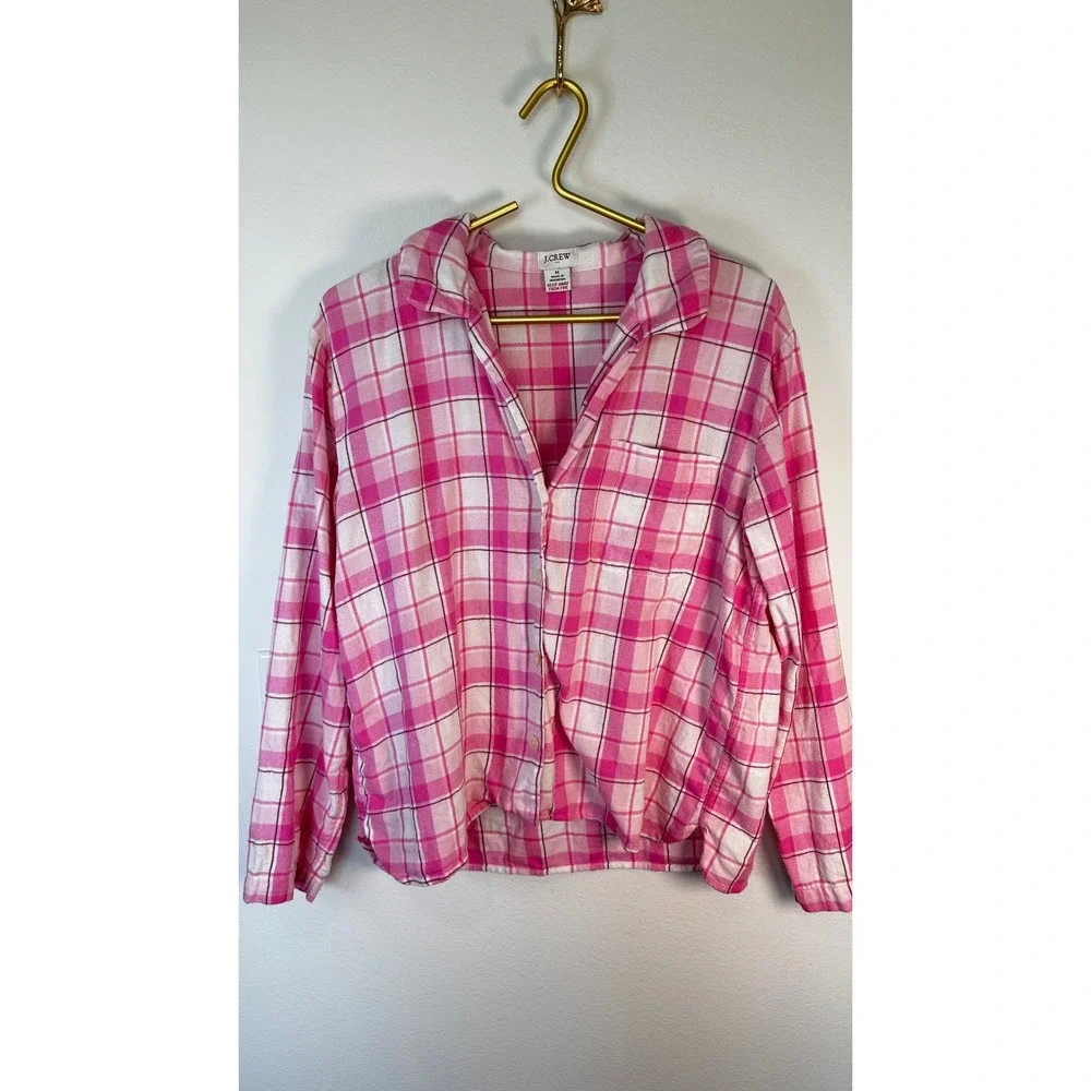 J.Crew Pink Plaid Flannel Ruffle Pajama Set Coquette Preppy M 2PC Size Medium